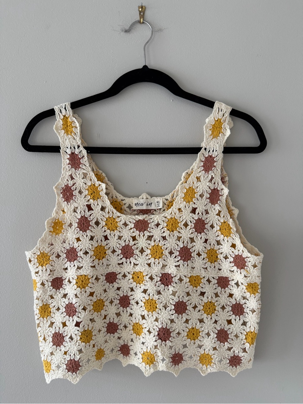 New In Crochet Floral Tank - Cream with Mustard & Dusty Rose